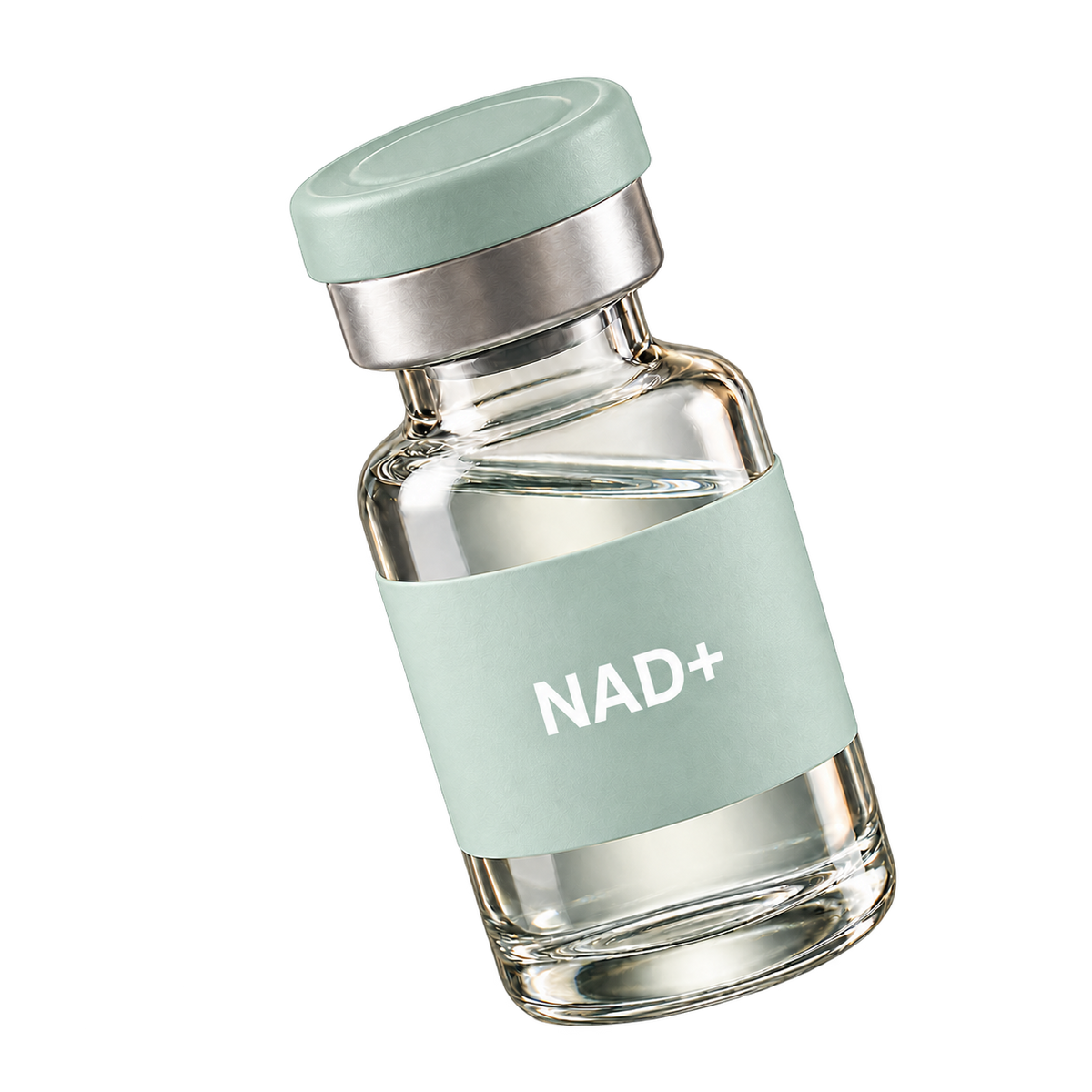 Illustrative pastel mint vial labeled NAD+ in small white text.