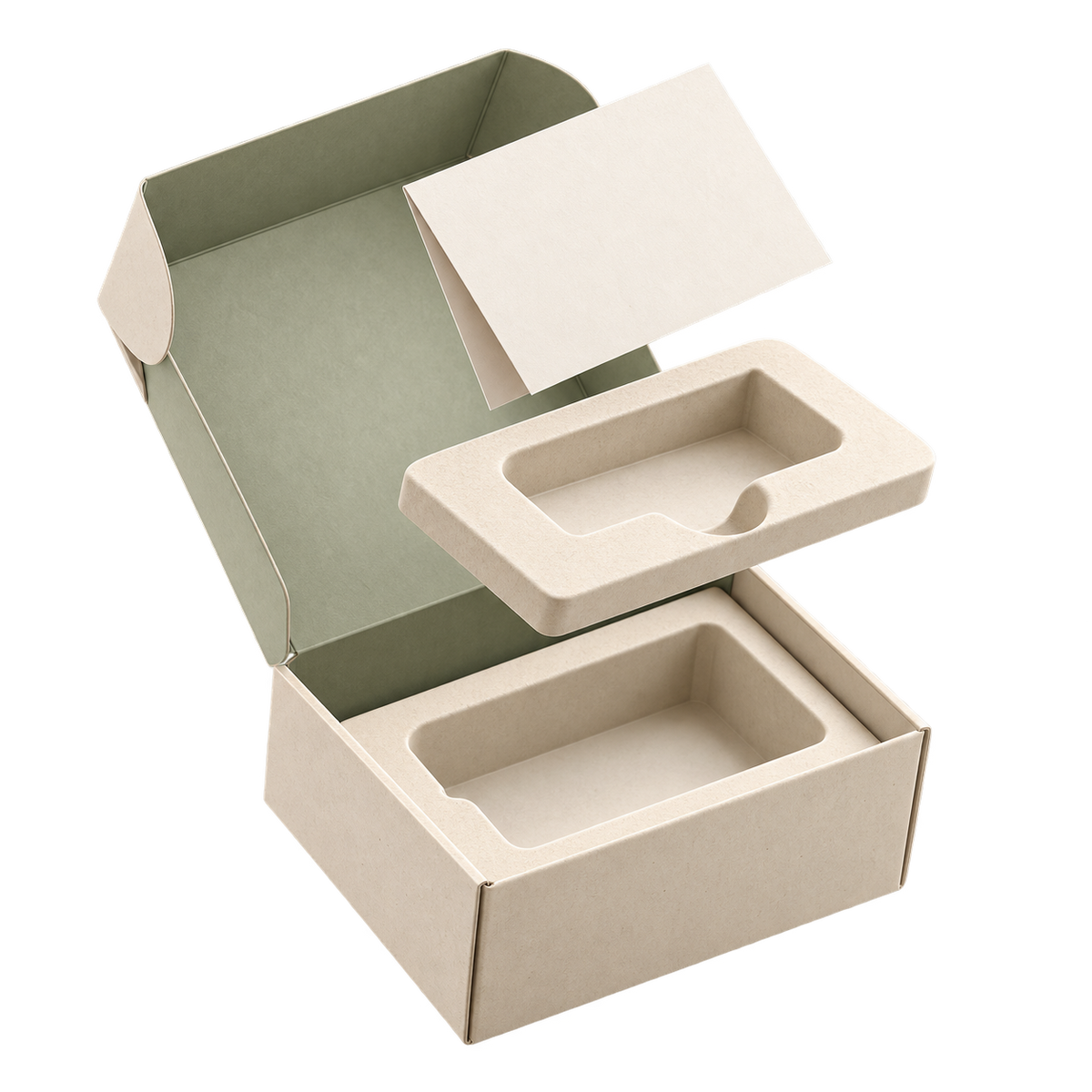 Illustrative open delivery box with floating packaging and care instructions.