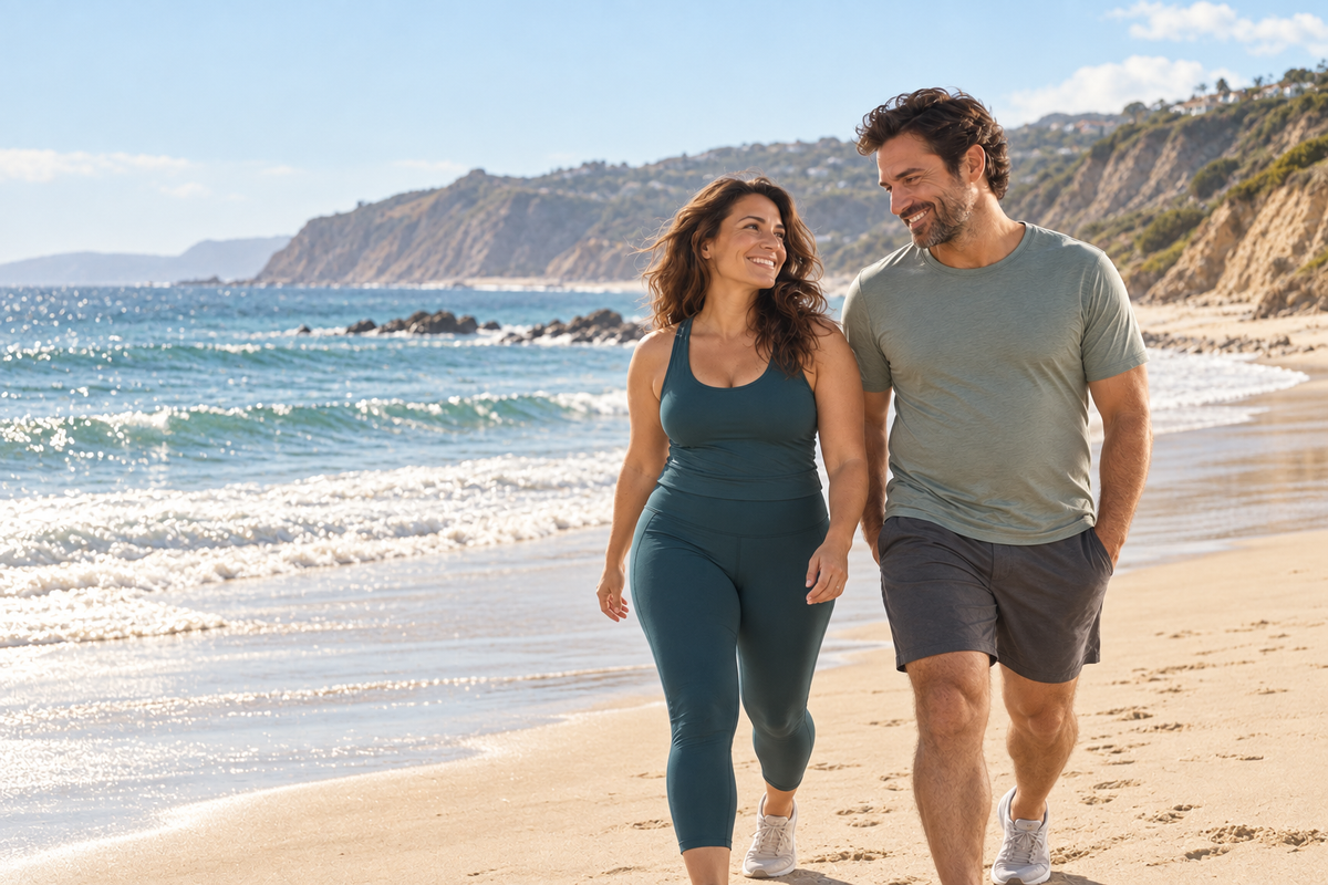 Illustrative couple in workout clothes walking along a Malibu beach.