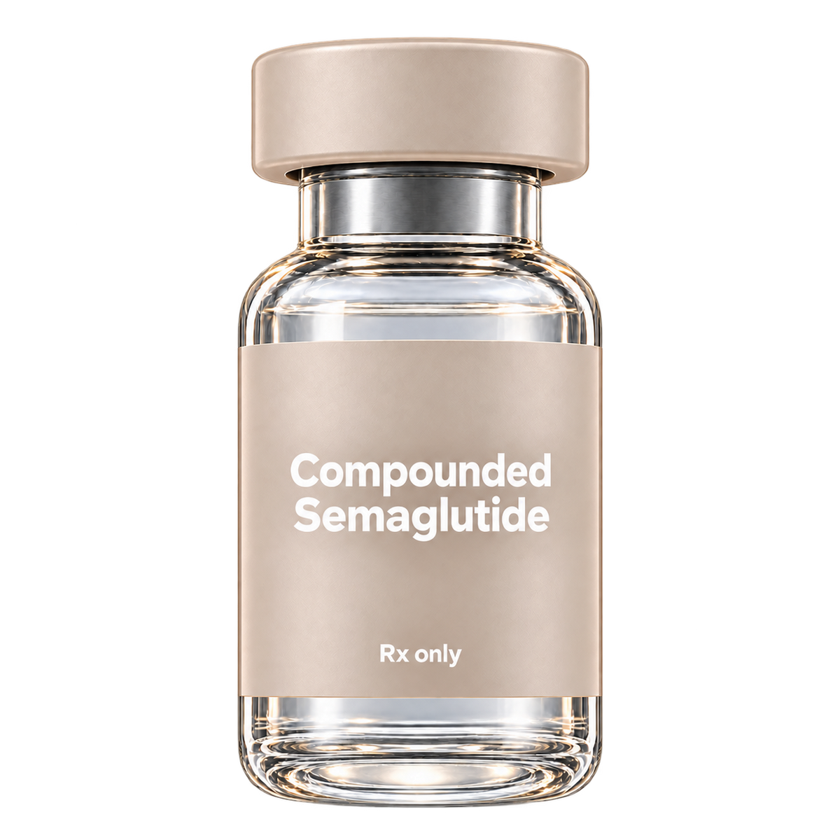 Illustrative pastel sand beige Compounded Semaglutide vial with level white lettering.