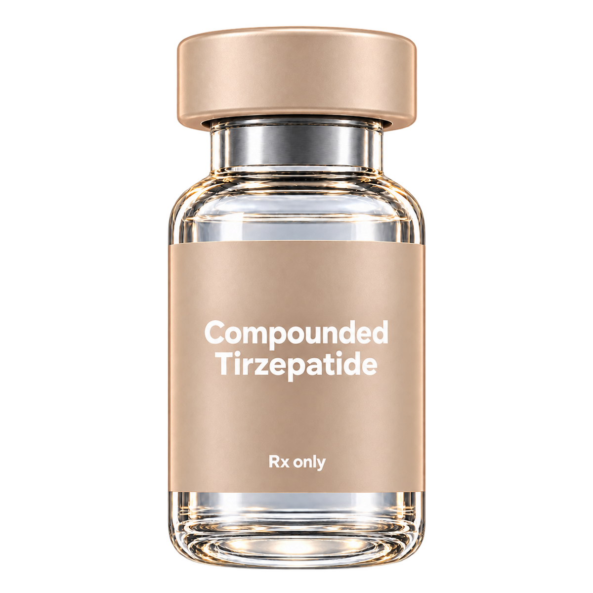 Illustrative pastel tan Compounded Tirzepatide vial with level white lettering.